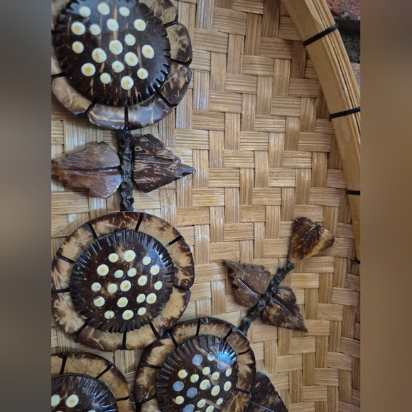 Vintage Handmade Floral Wicker And Coconut Shell Basket Wall Hanging - Picture 3 of 9